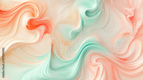 A dynamic abstract composition of flowing pastel shapes in coral and mint green tones, evoking energy and artistic sophistication