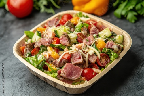 Tasty takeout salad with veggies meat and cheese photo