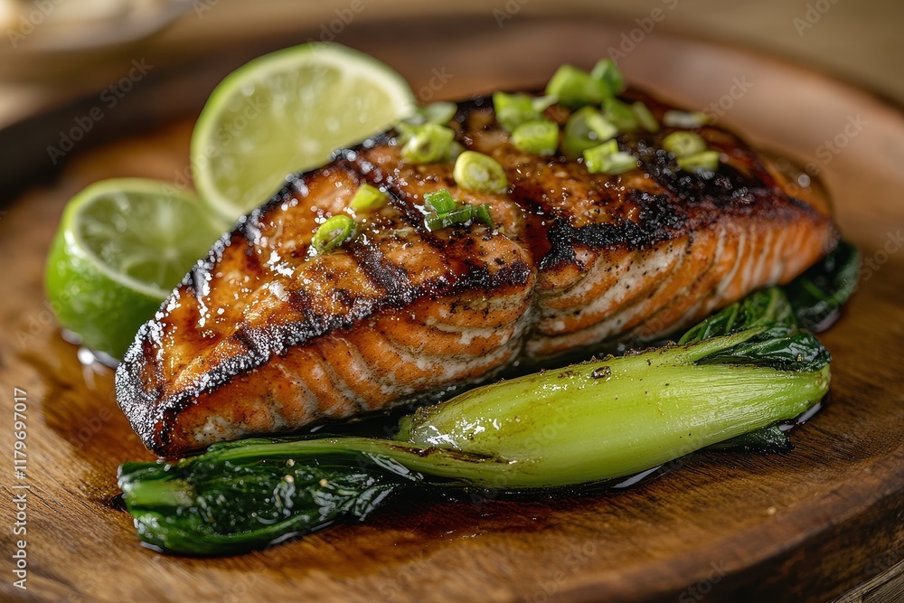 Teriyaki salmon steak with pak choi and lime on a wooden table Teriyaki salmon steak with pak choi and lime on a wooden table