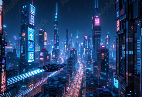 Wallpaper Mural Futuristic Cityscape at Night with Neon Lights and Flying Cars Torontodigital.ca