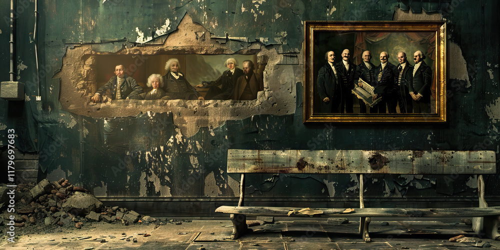 Damaged Wall with Two Group Portraits and Weathered Bench