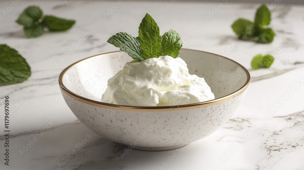 Bowl of whipped cream topped with fresh mint leaves on a marbled table surface perfect for desserts or culinary presentations Bowl of whipped cream topped with fresh mint leaves on a marbled table surface perfect for desserts or culinary presentations