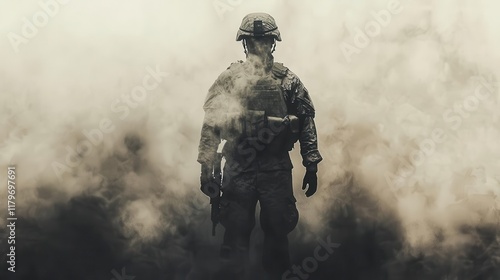 Soldier standing guard in heavy fog, symbol of courage, 3D illustration photo