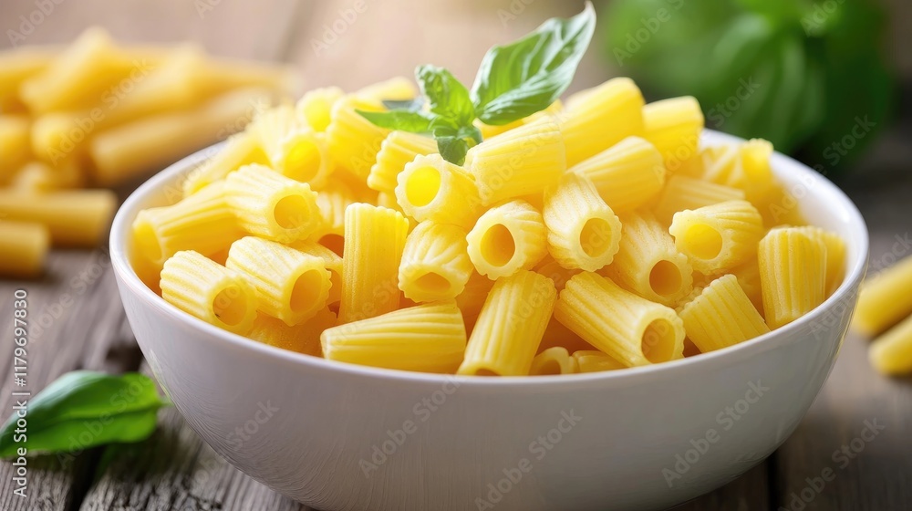 Elegant bowl of pasta garnished with fresh basil on rustic wooden table, ideal for culinary and food photography projects. Elegant bowl of pasta garnished with fresh basil on rustic wooden table, ideal for culinary and food photography projects.