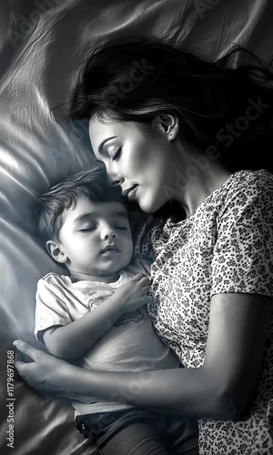 A mother and child peacefully sleeping together.