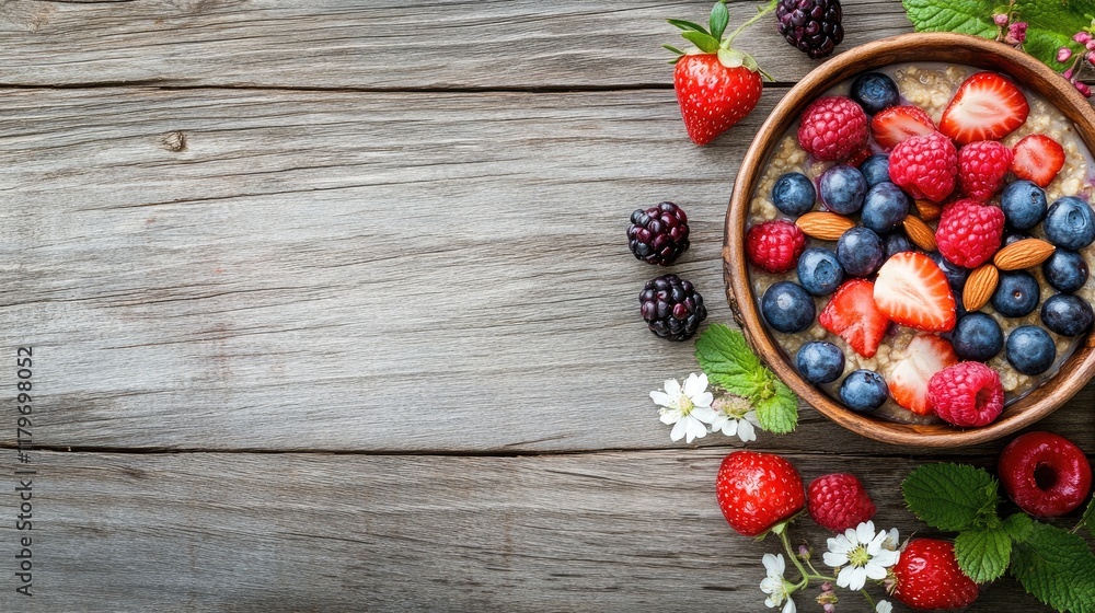 Bowl of nutritious oatmeal porridge with mixed summer berries and nuts on rustic wooden table with fresh flowers and copy space for text Bowl of nutritious oatmeal porridge with mixed summer berries and nuts on rustic wooden table with fresh flowers and copy space for text