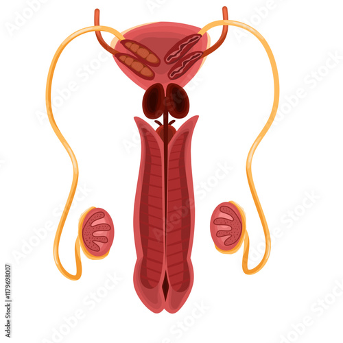 Anatomical illustration of male reproductive organs with various functions and inner layers of the penis