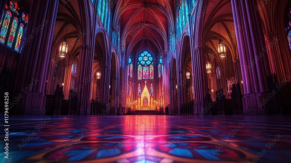A dimly lit Gothic cathedral with colorful stained glass creating a vibrant floor pattern A dimly lit Gothic cathedral with colorful stained glass creating a vibrant floor pattern