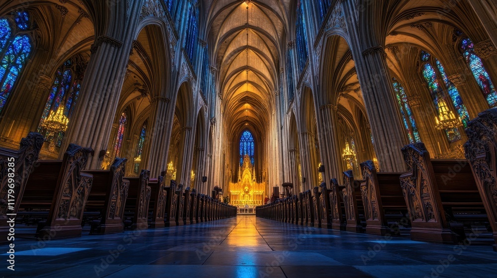 Naklejka premium Stained glass light fills a Gothic cathedral casting colors on stone pillars