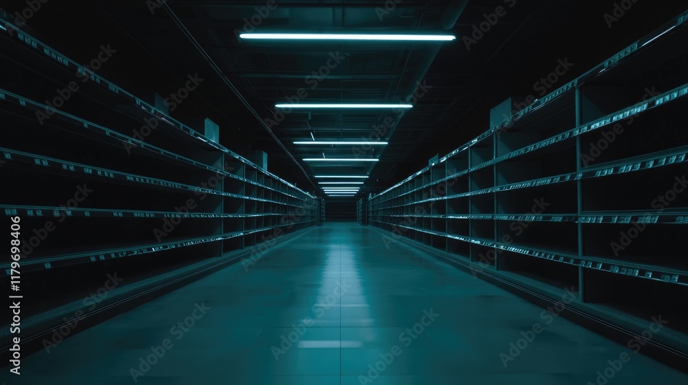 Empty supermarket aisle at night, dimly lit with fluorescent lights, showing rows of empty shelves. Empty supermarket aisle at night, dimly lit with fluorescent lights, showing rows of empty shelves.