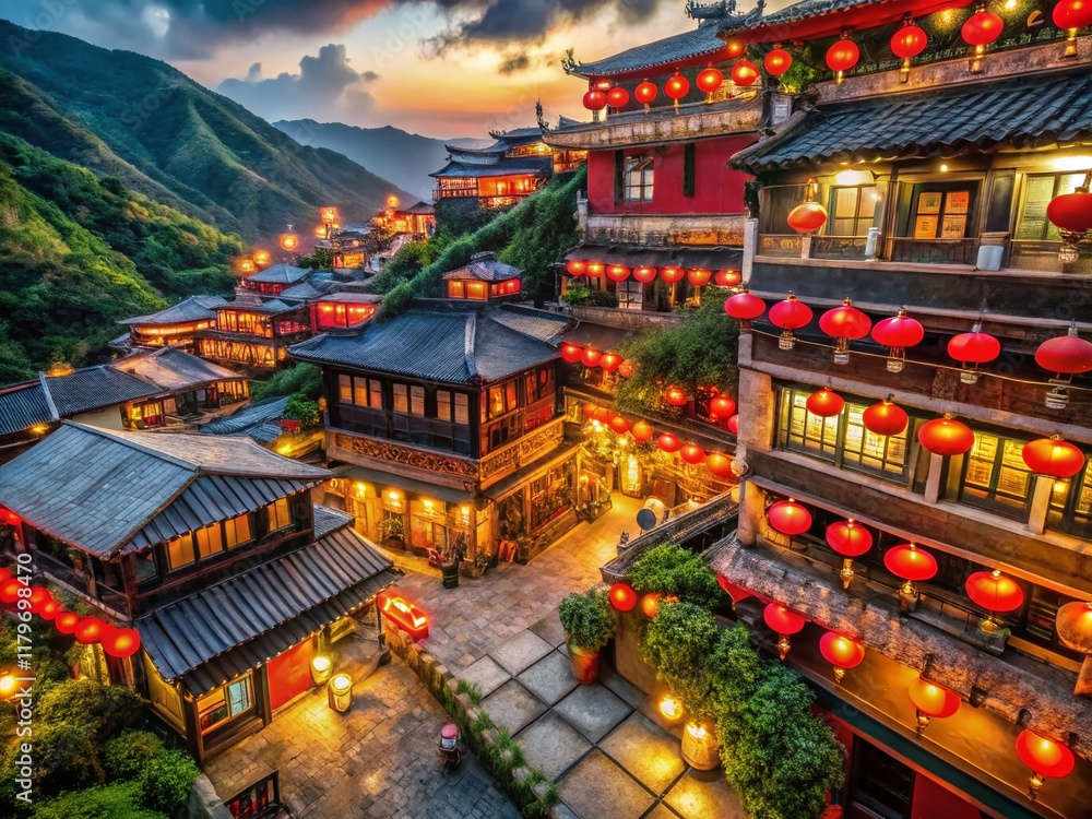 Fototapeta premium Jiufen Old Street Taiwan: Aerial View of Historic Tea Houses and Winding Streets