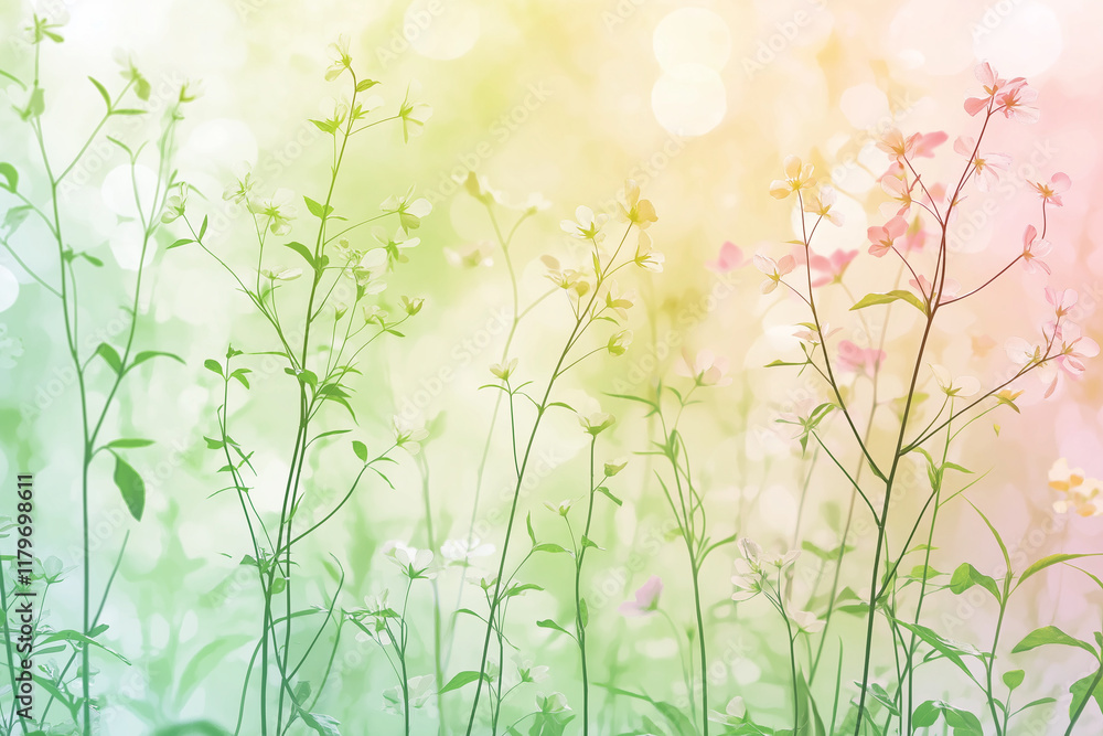A soft pastel gradient spring background adorned with wildflowers, exuding freshness and tranquility in a minimalist artistic style A soft pastel gradient spring background adorned with wildflowers, exuding freshness and tranquility in a minimalist artistic style