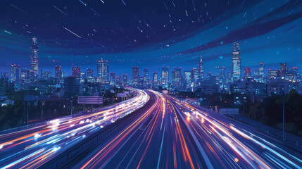 Papier peint photo Autoroute de nuit Illustration ville nocturne aux gratte-ciel  © Sahraya