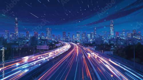 Fototapeta Naklejka Na Ścianę i Meble -  Night city highway with traffic speed effect. Vector cartoon illustration of dark cityscape view with illuminated skyscrapers in urban downtown district, starry sky, car light traces from fast motion