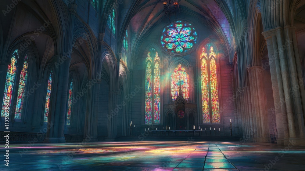 A Gothic cathedral with rose windows casting colorful light on the stone floor A Gothic cathedral with rose windows casting colorful light on the stone floor