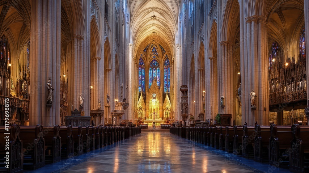 A Gothic cathedral's grand nave with light from stained glass casting a colorful glow A Gothic cathedral's grand nave with light from stained glass casting a colorful glow