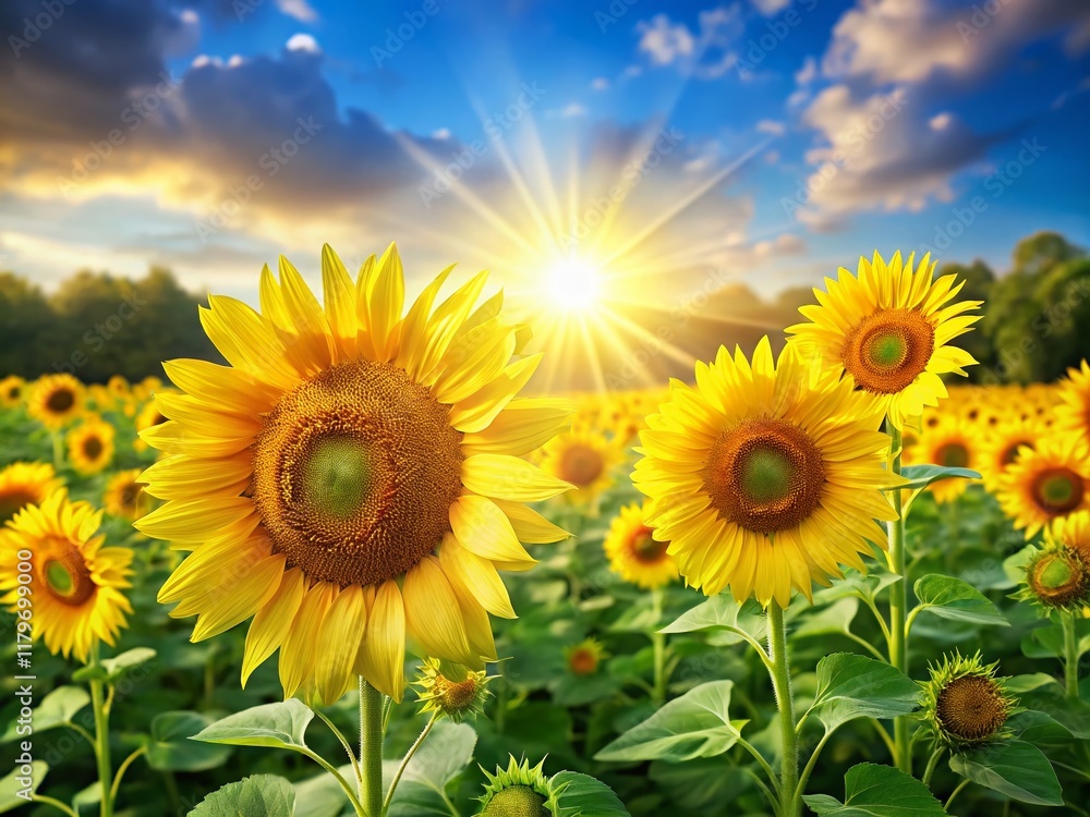 Fototapeta premium Joyful Sunflowers Blooming in Summer Field - Symbol of Happiness