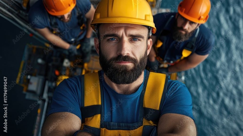 A bearded worker in a yellow hardhat and safety harness looks directly at the camera, two colleagues behind him on a platform at sea. A bearded worker in a yellow hardhat and safety harness looks directly at the camera, two colleagues behind him on a platform at sea.