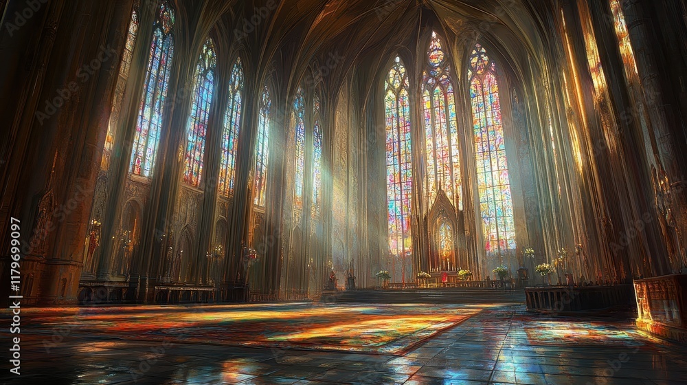 Fototapeta premium A Gothic cathedral with slender columns and sunlight streaming through stained glass