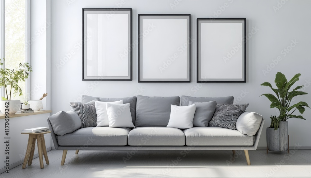 Modern Gray Sofa Minimalist Living Room Blank Frames Home Decor Modern Gray Sofa Minimalist Living Room Blank Frames Home Decor
