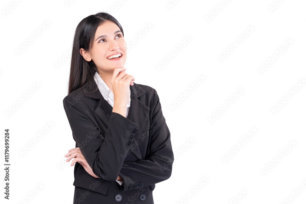 Professional young businesswoman in a black suit posing thoughtfully with a smile, looking upwards, perfect for corporate and conceptual themes Professional young businesswoman in a black suit posing thoughtfully with a smile, looking upwards, perfect for corporate and conceptual themes