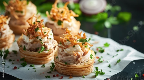 Gourmet canapes topped with crispy fried onion flakes and savory tuna shavings on a textured paper surface ideal for upscale dining events photo