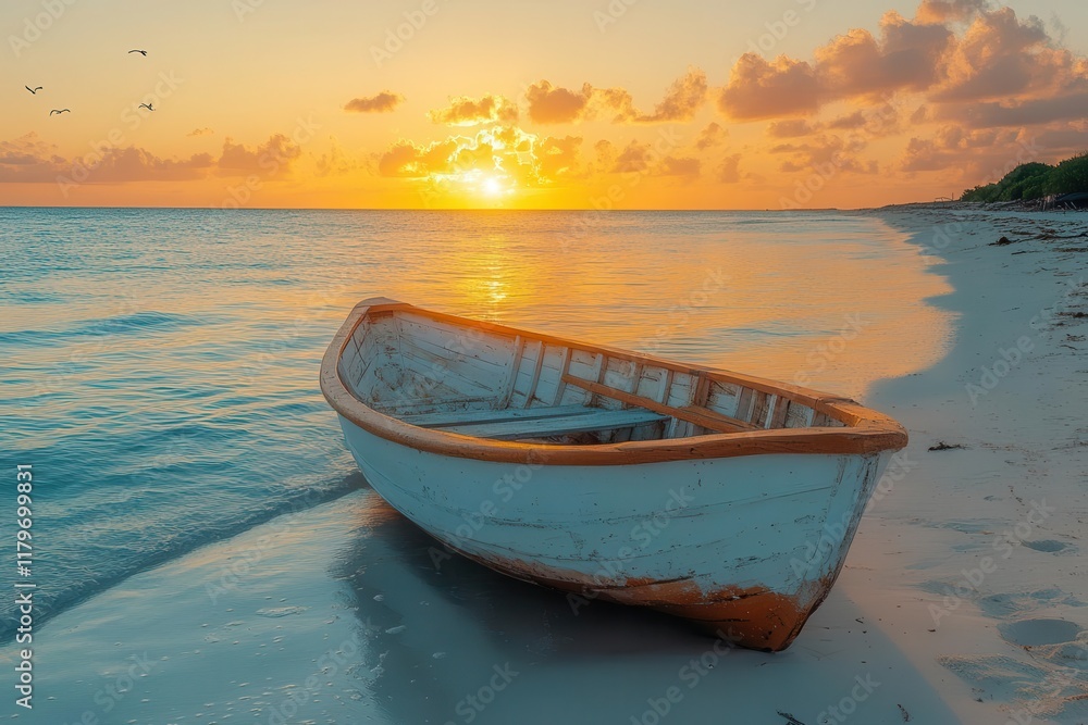 Fototapeta premium tranquil coastal scene with traditional wooden sailing paddle boat gently floating near sandy seashore during golden hour with seabirds flying