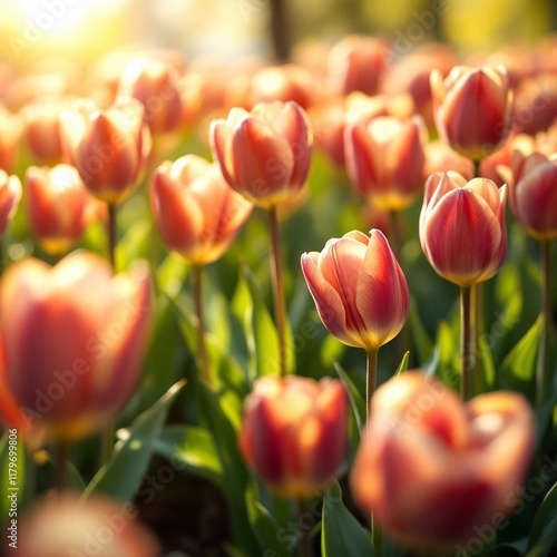 A lush field of spring tulips in rich Mocha Mousse tones, blending deep browns, creamy beige, and soft caramel. Sunlight highlights their velvety texture, creating a serene, inviting atmosphere. Perfe photo