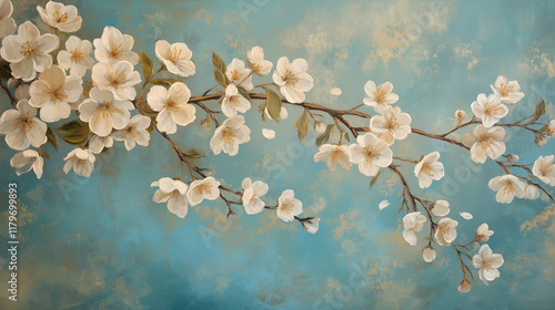 A delicate branch of white cherry blossoms against a soft blue background, creating a serene and elegant spring composition