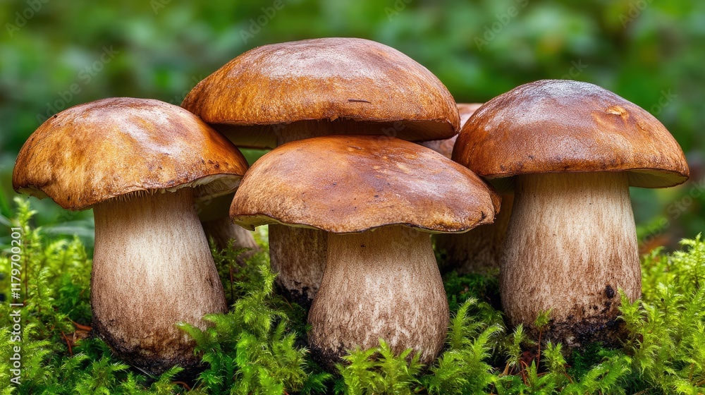 Boletus mushrooms growing in vibrant green moss in a natural forest setting showcasing their rich earthy colors and textures Boletus mushrooms growing in vibrant green moss in a natural forest setting showcasing their rich earthy colors and textures