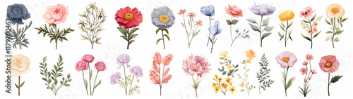 Wallpaper Mural watercolor bundle set of beautiful flowers in pink, blue, red, green, purple, etc. with green leaves, with various types of beautiful and beautiful roses, daisies, etc., vector Illustration set Torontodigital.ca