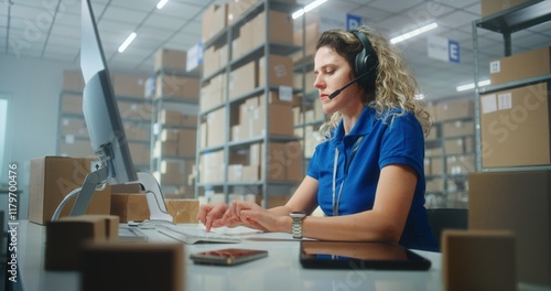 Konstfotografi Female logistics coordinator wearing headset chats with customer on call, uses computer, works in post office or E-commerce store storage