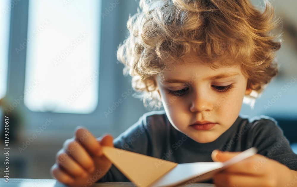 A child carefully folding a paper airplane, focused on creating the perfect shape A child carefully folding a paper airplane, focused on creating the perfect shape