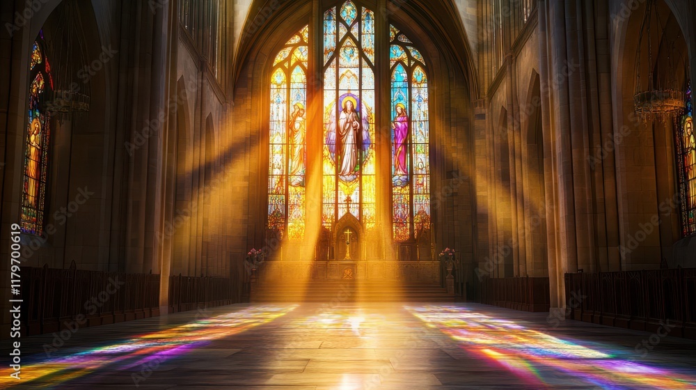 Obraz premium A large stained glass window of the Ascension of Christ casting vibrant reflections across the stone floor