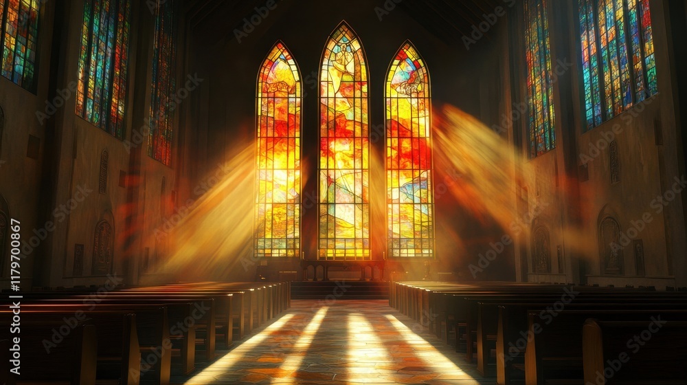Obraz premium A stained glass window depicting Moses with the Ten Commandments sunlight casting vibrant reflections on the stone floor