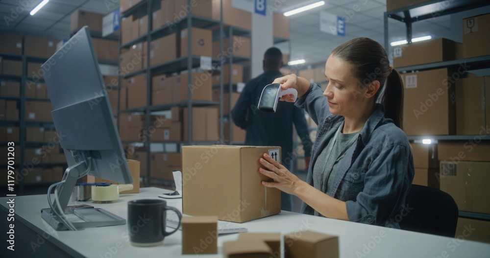 Female manager scans parcel using barcode scanner, enters data on computer. Sorting center worker checking cardboard boxes for delivery to clients. Warehouse facility of online store or post office. Female manager scans parcel using barcode scanner, enters data on computer. Sorting center worker checking cardboard boxes for delivery to clients. Warehouse facility of online store or post office.