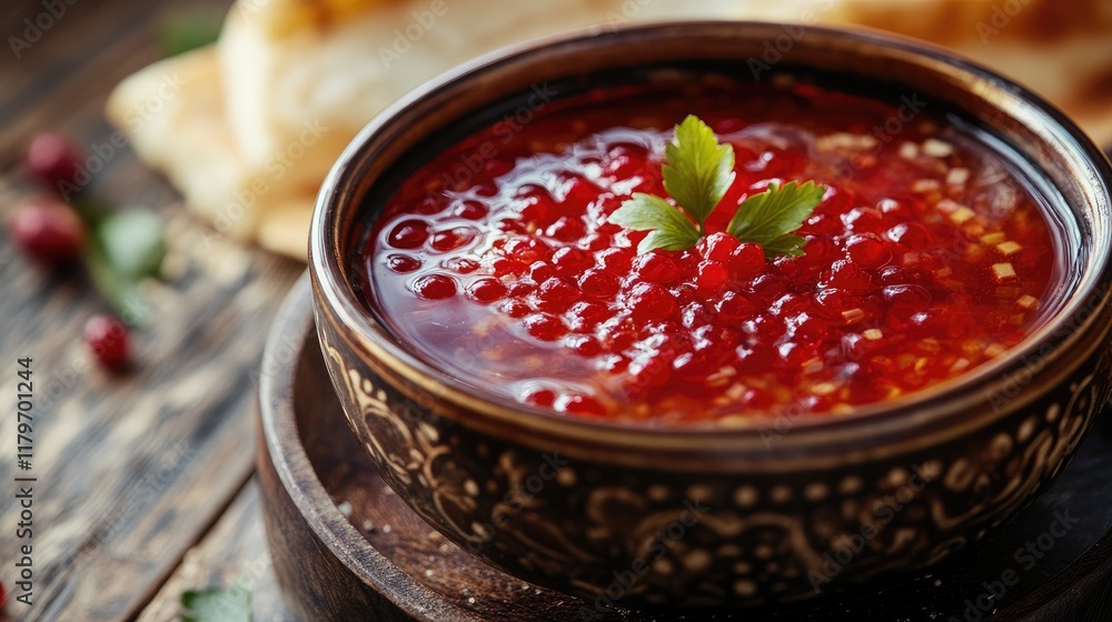 Traditional soup served in a decorative bowl topped with red pearls and fresh herbs on a rustic wooden table Traditional soup served in a decorative bowl topped with red pearls and fresh herbs on a rustic wooden table