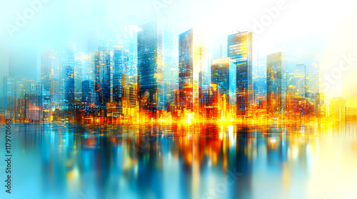 Vibrant City Skyline: A Captivating Metropolis at Night with Stunning Reflections