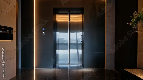 modern corridor with metal lift and plant