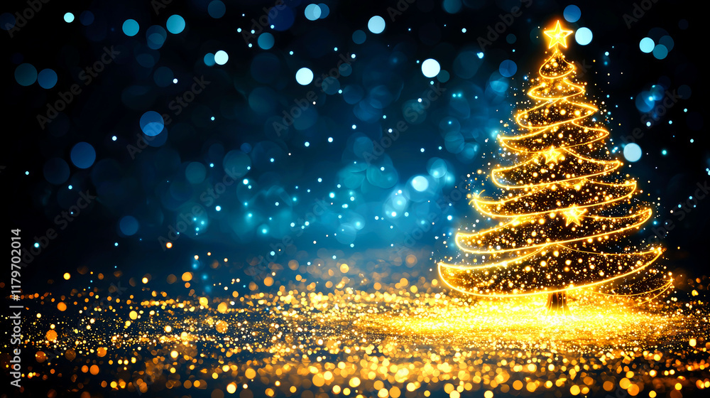 Naklejka premium Glowing Golden Christmas Tree: Magical Holiday Sparkle and Shine