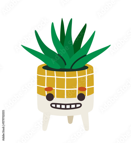 A quirky potted plant with a smiling face design, featuring green leaves in a yellow, checkered pot on a white background. Concept of playful decor. Vector illustration