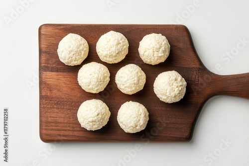 Top view of soft white cheese balls on a wooden board isolated on white Arabic dish photo