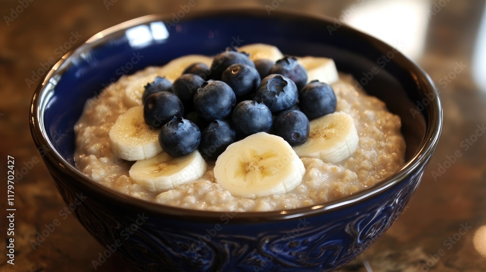 Healthy breakfast bowl of oatmeal with fresh blueberries and banana slices on top served in a deep blue ceramic dish Healthy breakfast bowl of oatmeal with fresh blueberries and banana slices on top served in a deep blue ceramic dish