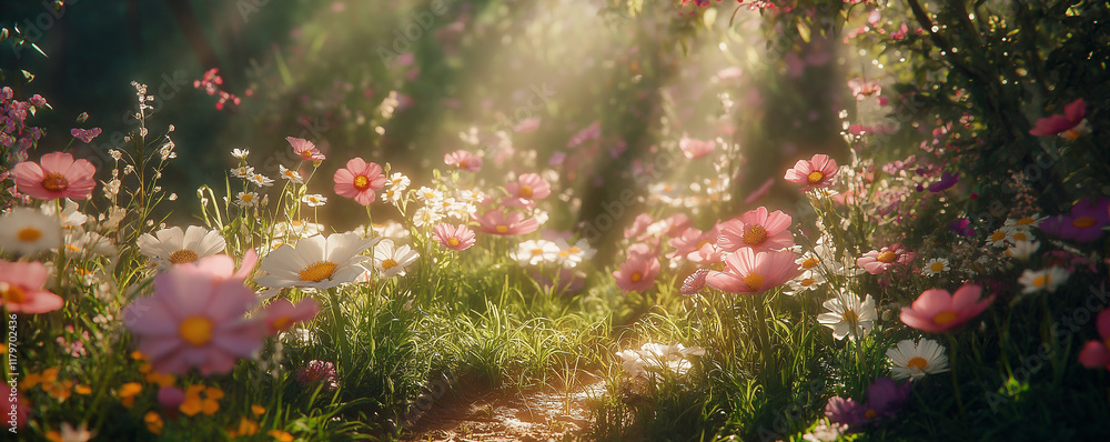 A sunlit garden pathway surrounded by pastel flowers and lush greenery in a tranquil spring setting A sunlit garden pathway surrounded by pastel flowers and lush greenery in a tranquil spring setting