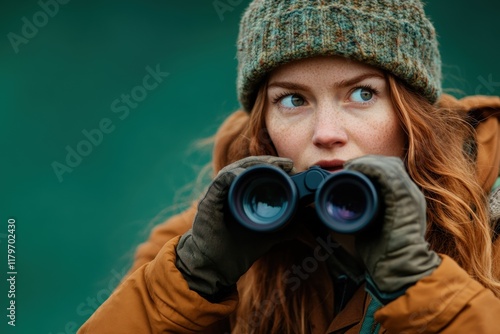 Female in outdoor explorer gear, curiously looking through binoculars, ready for adventure photo