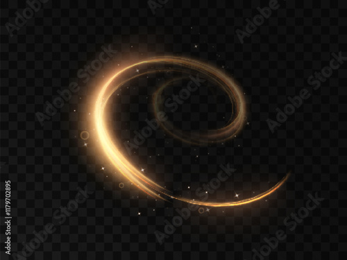 Golden magic light effect in circle shape with many sparkling lines with glitters and shimmering shiny light effects. Magic golden swirl for web design and game interfaces. Vector