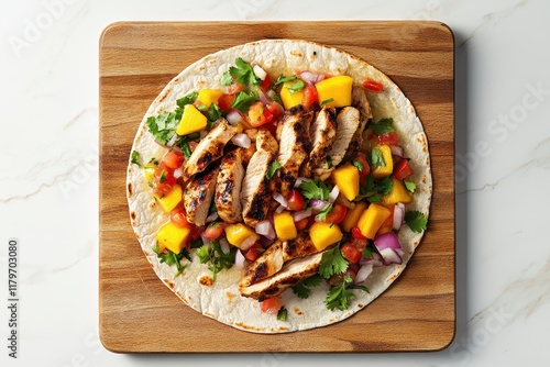 Tortilla with grilled chicken mango salsa cilantro and onion on a cutting board Top view on a white table photo