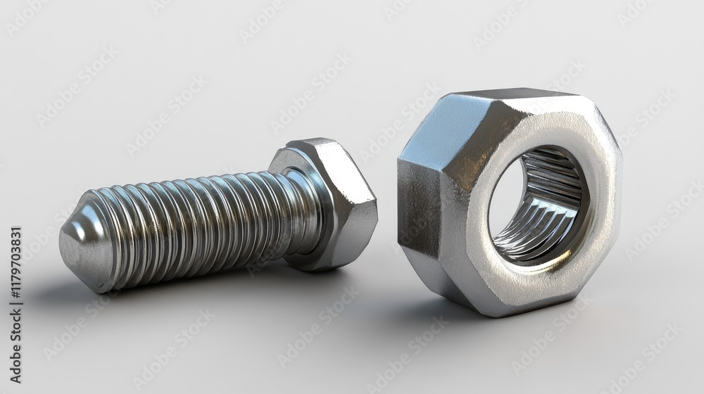 Metal bolt and nut on a neutral background showcasing industrial hardware for engineering and construction applications Metal bolt and nut on a neutral background showcasing industrial hardware for engineering and construction applications