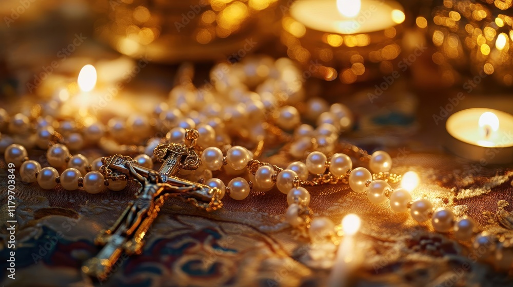 A gold rosary with white pearls resting on an altar cloth softly lit by nearby candlelight A gold rosary with white pearls resting on an altar cloth softly lit by nearby candlelight