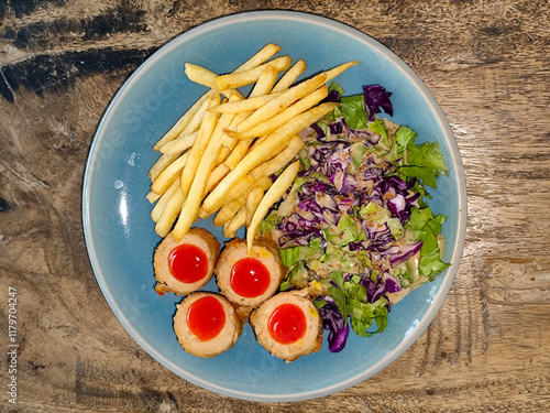 Traditional French cuisine, crispy and tender chicken cordon bleu accompanied by French fries and vegetables, served on a blue plate. photo